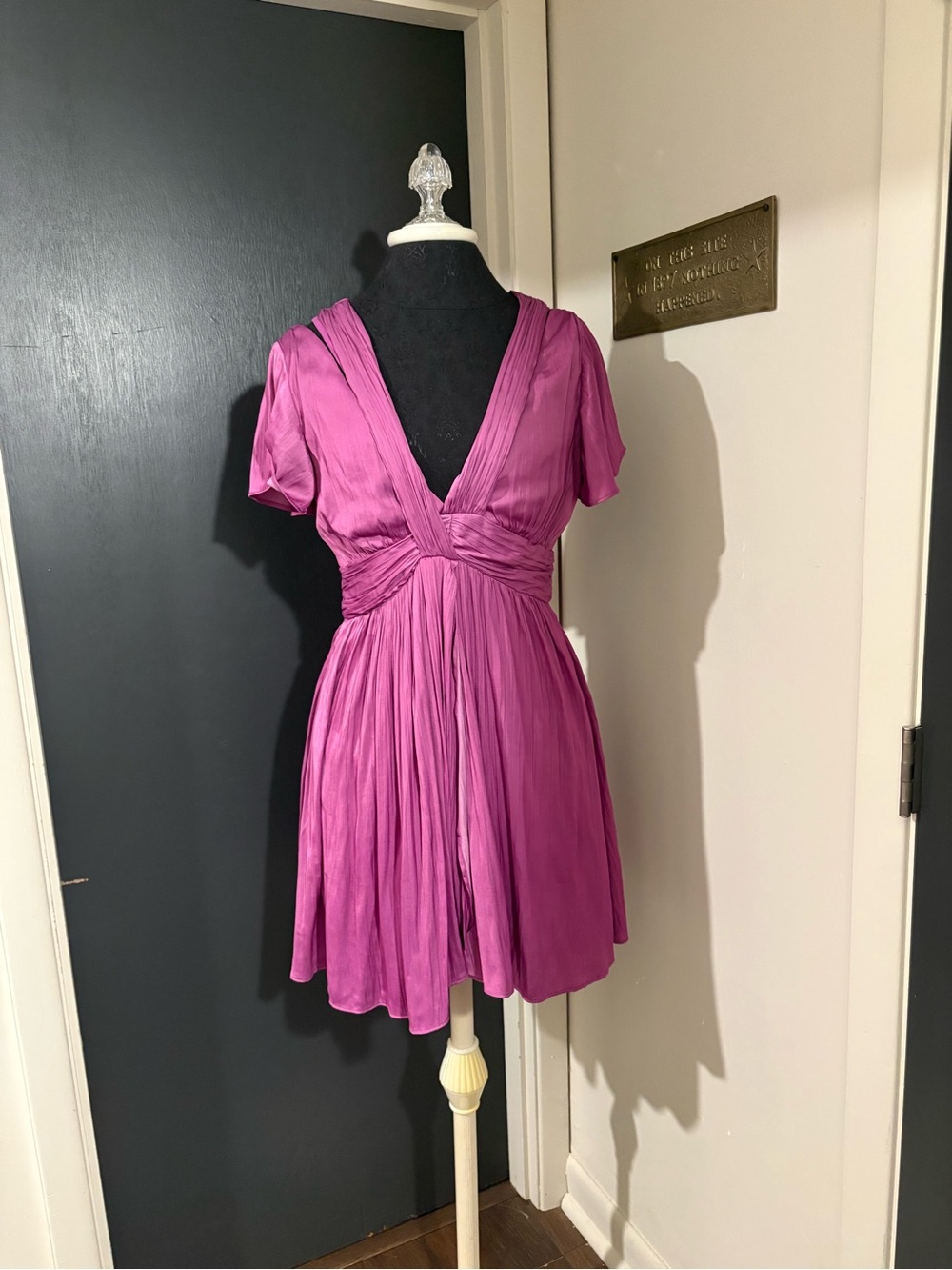 Anthropologie Magenta Pleated V-Neck Mini Dress with Draping in Silky Fabric 💜